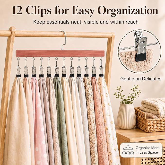 Novabright 4 Pack Cedar Hangers with 12 Clips, 360° Rotating Multi Clip Hangers for Closet, Wooden Hanging Space Saving Organizer for Leggings Pants Jeans Socks Hats Scarves Bras Accessories