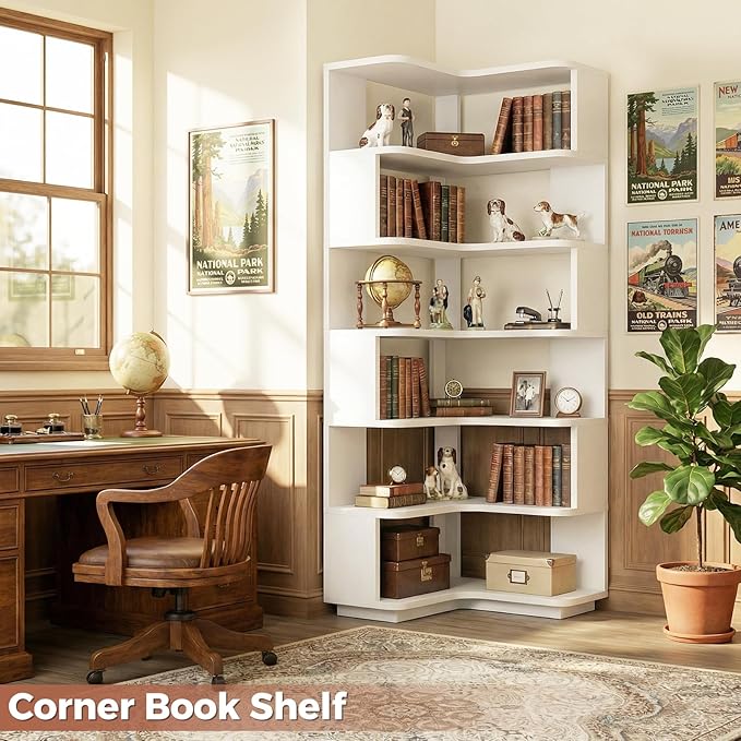 Besiost Corner Book Shelf, 7-Shelf Corner Bookshelf for Small Corner Spaces, L-Shape Bookcase Corner Display Shelf for Home Office, Living Room, Bedroom, Kitchen Pantry, White