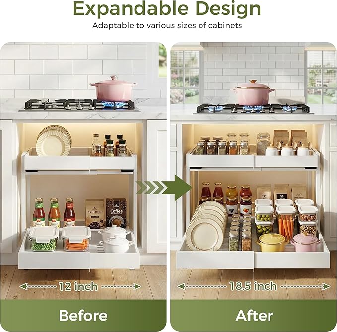Abalter Expandable Pull Out Cabinet Organizer, 2-Tier Slide Out Drawer for Kitchen Cabinets, Adjustable Width 12-18.5", Slide Out Shelves for Kitchen Countertop, Bathroom, Pantry, Heavy Duty Caddy