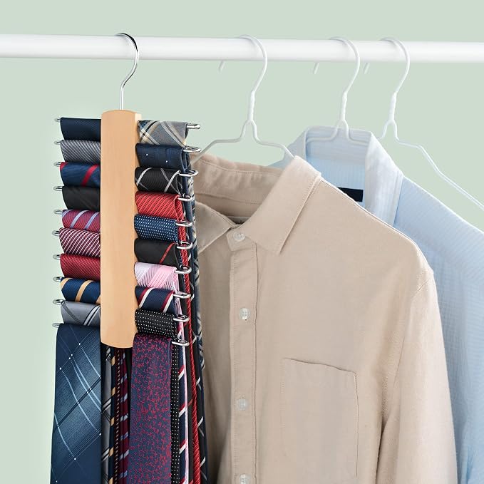 Mkono Wooden Tie Rack Retro Tie Belt Storage Hanger Organizer for Men Closet Space Saving Rack with 20 Non-Slip Hooks for Ties Belt Scarf Organize 360 Rotate Hanger Tie Holder, 1 Piece, Wood Color