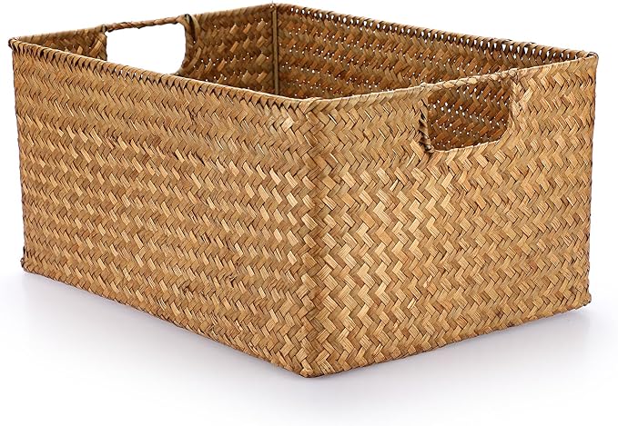 Hipiwe Seagrass Storage Baskets Bin for Shelf Handwoven Wicker Baskets Built-in Handles Rectangular Closet Bedroom Organizer Box Multipurpose Woven Basket Bins,14.6"x 10.6"x 7.1"