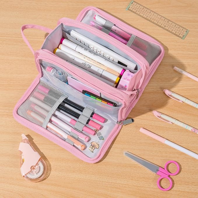 Sooez Large Pencil Case, Big Capacity Pencil Pouch Pen Bag with 3 Compartment, Portable Canvas Stationery Organizer with Zipper, Cute Aesthetic School Supplies for Teen Girls, Army Green