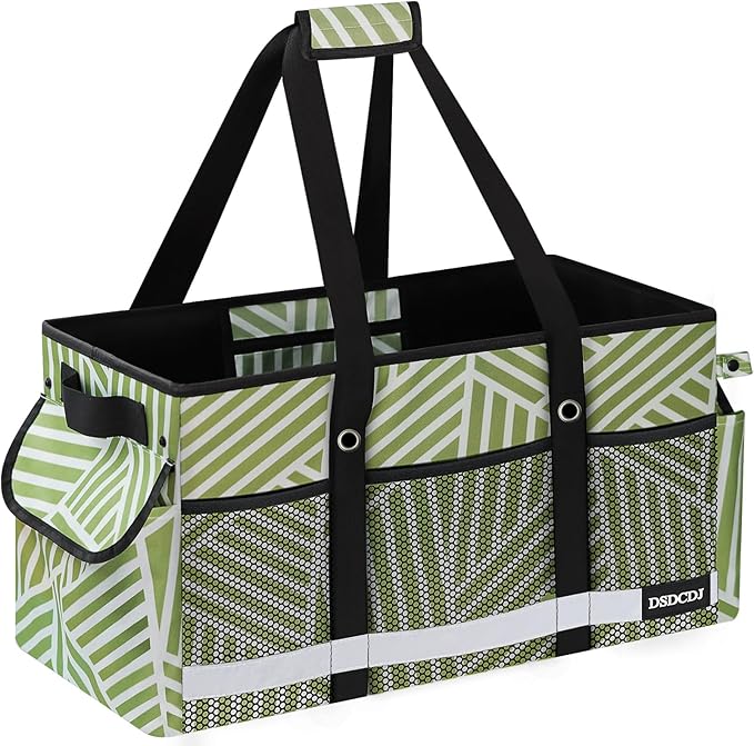 Upgrade Extra Large Utility Tote Bag with Reflective Strip, Standing Reusable Grocery Bags with Hard Bottom, Collapsible Utility Tote with Handles for Shopping, Beach, Picnics, Car, Twill Green