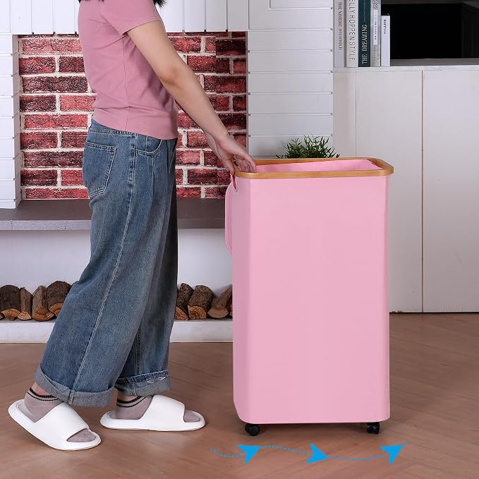 74L Laundry Hamper with Wheels,Clothes Hamper for Laundry Pink | Laundry Basket with Lid and Inner Bag, for Laundry Room, Bedroom, Dormitory Storage,Pink