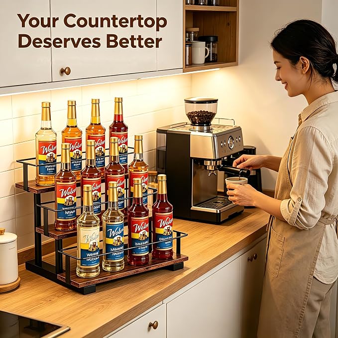 3-Tier Coffee Syrup Rack, Holds 12 Bottles, Rustic Wood & Metal | Stepped display for coffee bar, fits liquor, spice jars & extracts, space-saving countertop.