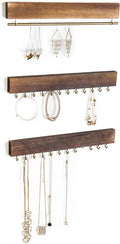 MyGift 3-Piece Wall Jewelry Organizer, Wall-Mounted Rustic Wood and Gold Tone Metal 24 Hook Necklace and Bracelet Storage Rack with Hanging Earring Bar