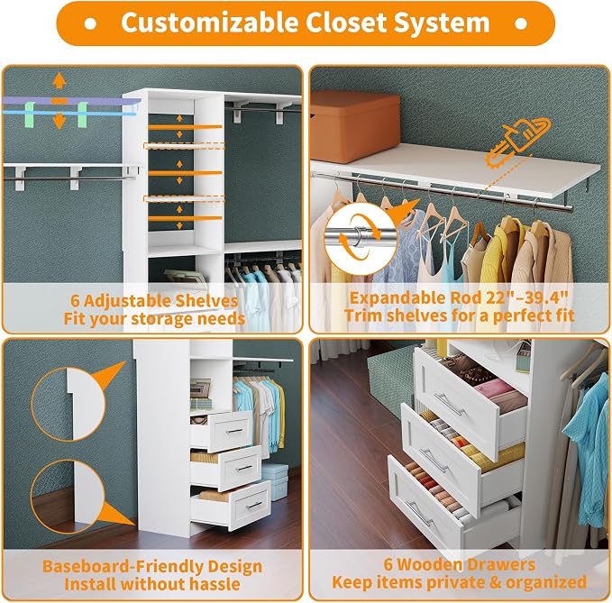 Closet System with 6 Drawers, 6FT-12FT Closet Organizer System with Cuttable Shelves Walk in Wooden Closet Storage System with 6 Hanging Rods Modular Closet, 2 Sets White