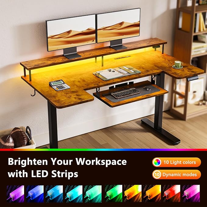 OffiGo 55 Inch U Shaped Standing Desk with Keyboard Tray, Rustic Brown | 3 Outlets & 2 USB Ports, Monitor Stand, 10 Colors & 10 LED Modes, 3 Presets, 28.3"-46.5"in Range, 154 lb Capacity