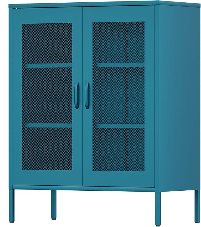Ustamio Blue Metal Storage Cabinet with Mesh Doors, Small Office Storage with 2 Adjustable Shelves, Accent Metal Locker for Home, Office, Living Room, Hallway