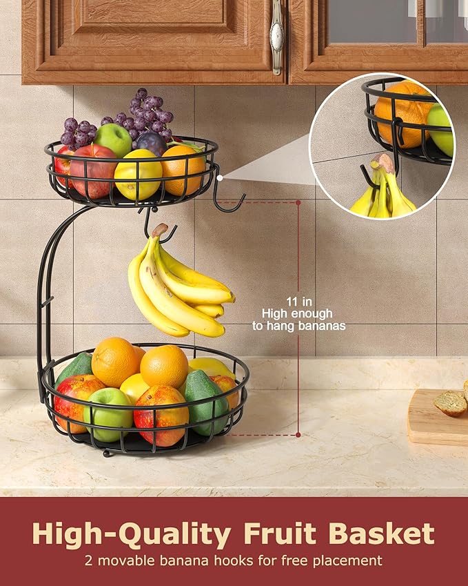 Sevenblue 2 Tier Modern Fruit Basket for Kitchen, Black, Extra Large | Space-Saving Vertical Storage for Veggies, Bread, Snacks, Fits Under Cabinets, includes 2 banana hooks and protective mats