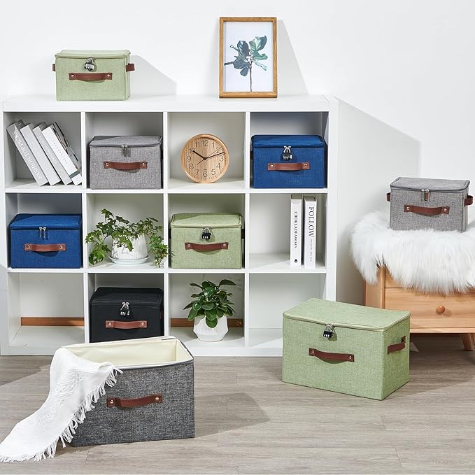 Storage Bins Boxes with Zipper Lid Combination Lock PU Leather Handles Cotton Linen Fabric Lidded Lockable Baskets Foldable Washable Closet Shelf Organizer Container (Deep Blue, Small)