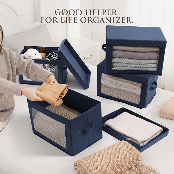 Homsorout Minimalist 6 Pack Large Fabric Storage Bins with Lids, Navy Blue, 14 Inch. - 6 Count, Ideal for Clothes, Books, CD, Bedroom, Living Room