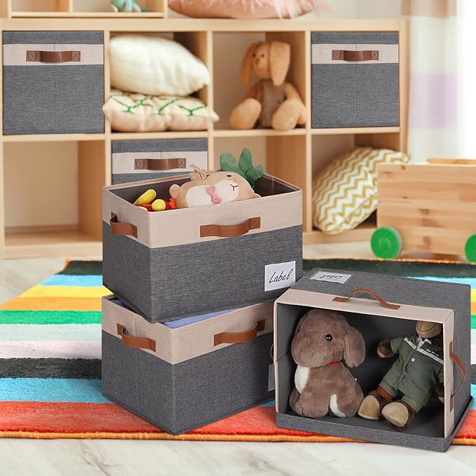 GhvyenntteS Large Storage Bins with Lids 6 Pack, Large Closet Storage Bin with Lid and 3 PU Handles, Foldable Fabric Storage Boxes with Label Window for Home Office (Beige, 15" x 11" x 9.7")