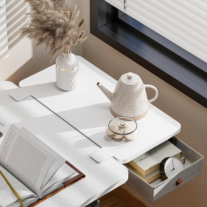 PEGZONE Desk Extender Tray, 24" x 12", with Storage Drawer, Medium, White | Desk Extension, Clamp on Desk Shelf, Clamp on Keyboard Tray for Office and Home, Workstation Organizer