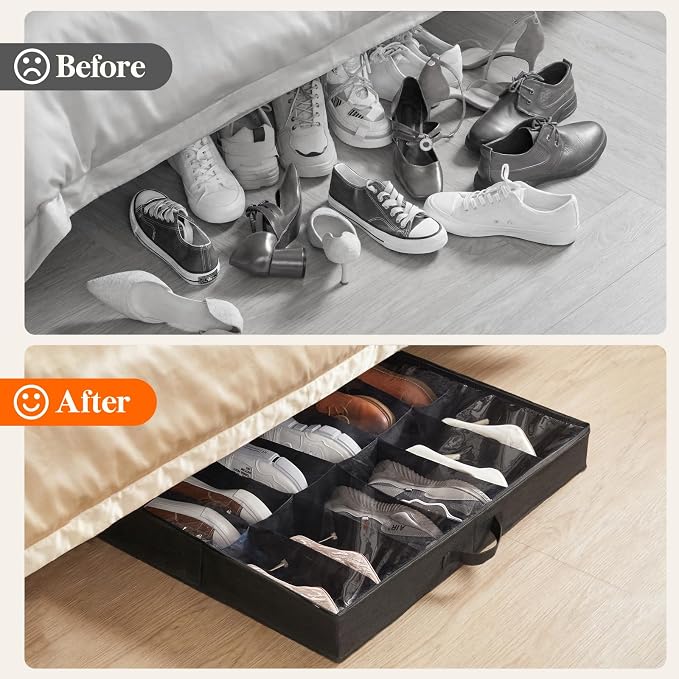 Lifewit 2-Pack Under Bed Shoe Storage Box, 4.3 Inch Slim Low Profile Fabric Organizer Holds 24 Pairs with Clear Cover, 29.3 x 23.6 x 3.9 in, Black