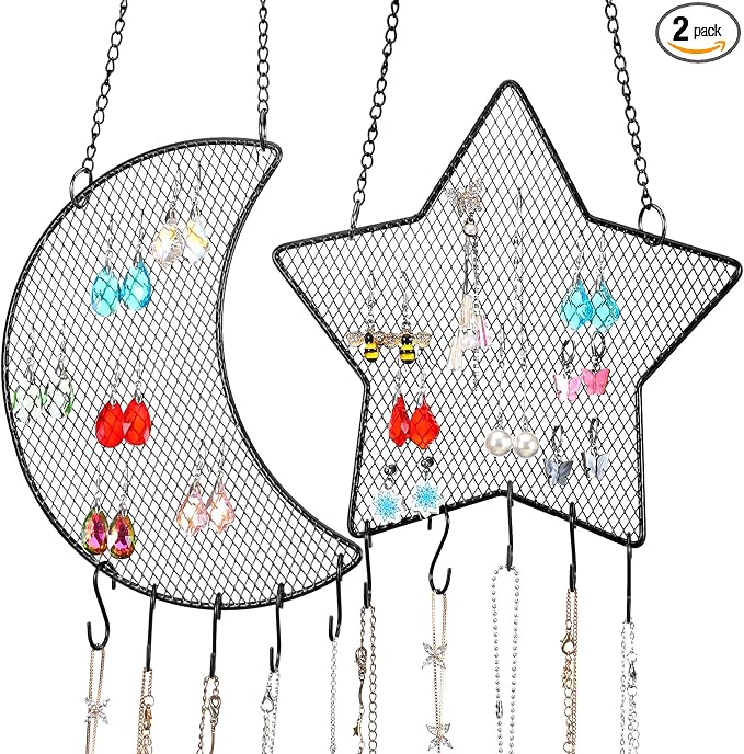 Jetec 2 Pcs Earring Wall Holder Wall Mounted Organizer Hanging Stand Decorative Diamond Grid Shape Jewelry Display Rack with Hanging Hooks for Earrings Necklace Bracelet(Black)