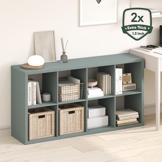 Furinno Cubicle 8-Cube Book Shelf, Extra Thick Frame Bookshelf, Sage Green | 14.6" x 30" x 58", Horizontally & Vertically Reversible Bookcase with Open Back, for Living Room, Bedroom, Home Office