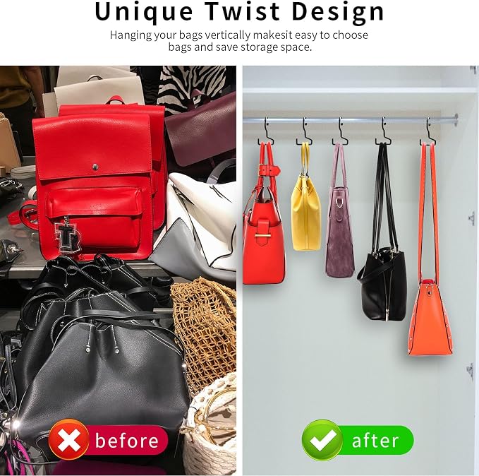 16 Pack Purse Hanger for Closet, Large Purse Hooks for Closet Rod, Black Bag Holder for Closet, Purse Organizer for Hanging Handbags, Belts, Hat,Jeans