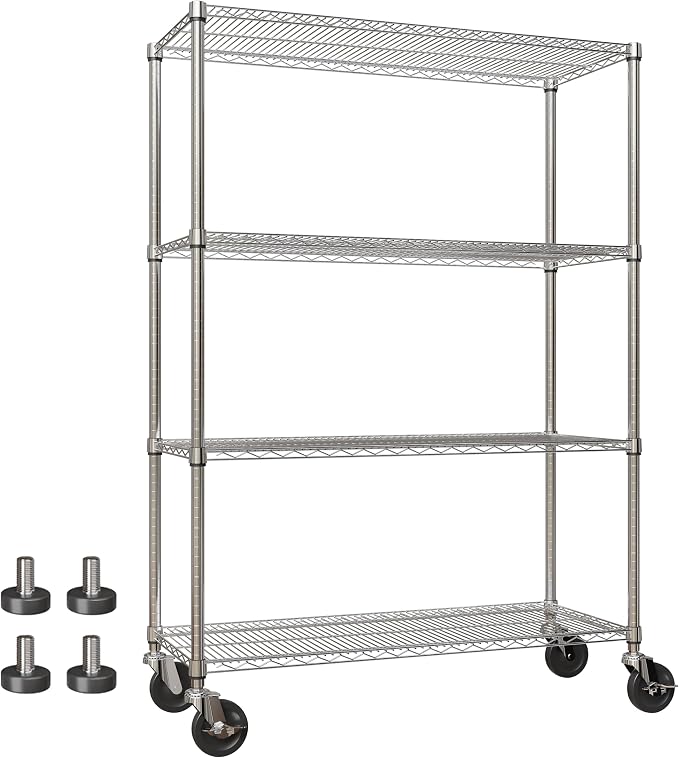 Garvee NSF Metal Shelving with Wheels, 4-Tier/1800LBS, 71"H Storage Shelves | Adjustable Wire Shelving Rack, Chrome Plating, Heavy Duty, Rolling Racks for Kitchen Commercial, 47.2"Wx17.7"D, Easy to Clean