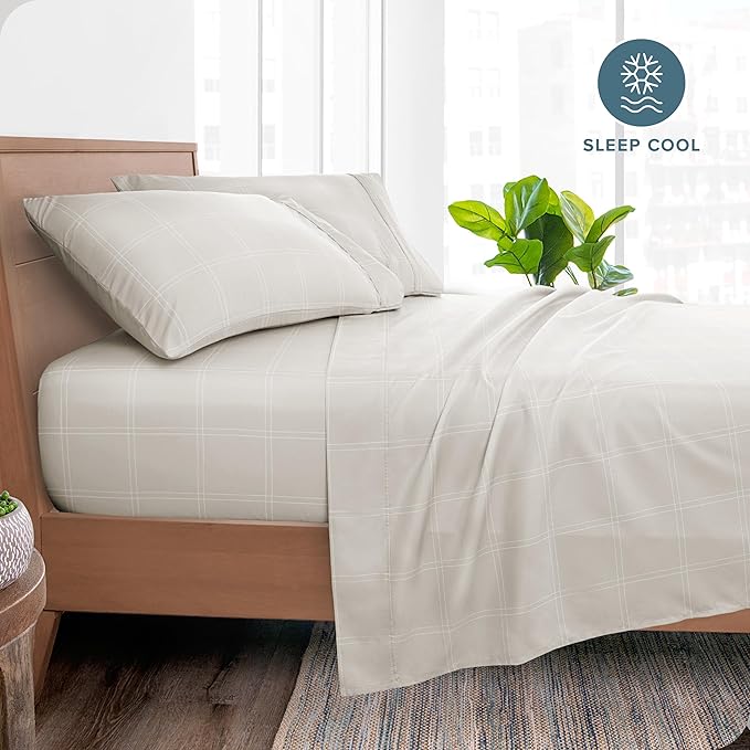 Bare Home Full Sheet Set - Luxury 1800 Ultra- Soft Double Brushed Microfiber - Deep Pockets - Easy Fit - 4 Piece Bedding Sheet Set (Full, Modern Plaid - Stone/White)