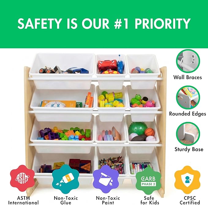 Humble Crew Toy Storage Organizer with 12 Removable Storage Bins for Kids Playroom, 4-Tier Toddler Toy Organization and Storage, Natural/White