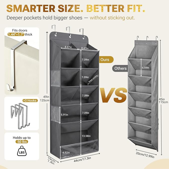HOMELUX THEORY Hanging Shoe Organizer for Closet, 6 Tier Over the Door Shoe Organizer 120D Extra Thick with Deep Pockets, Shoe Rack for Closet & Entryway, with 4 Side Storage Pockets (Transparent)