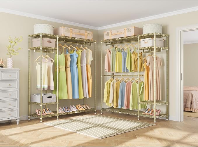 VIPEK X20 Expandable Metal Clothing Rack Adjustable from 3'3" to 4'8" Heavy Duty Garment Racks With Shelves and Hanger Rods Portable Wardrobe Open Closet System, Gold