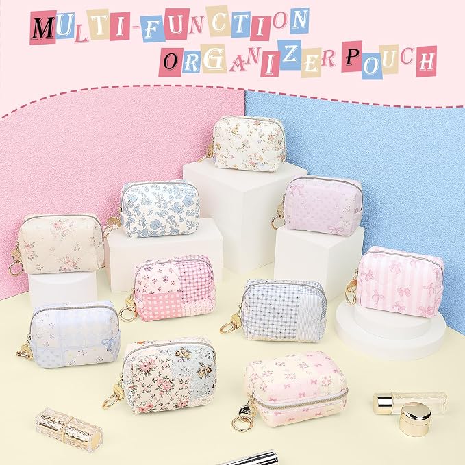 Quilted Mini Makeup Bag, Cute Small Cosmetic Bag for Purse, PJ-Y | Floral Travel Makeup Pouch, Make Up Pouch for Women, Purse Organizer Pouches for Travel/ Gym/ Daily Use, Perfect Gifts