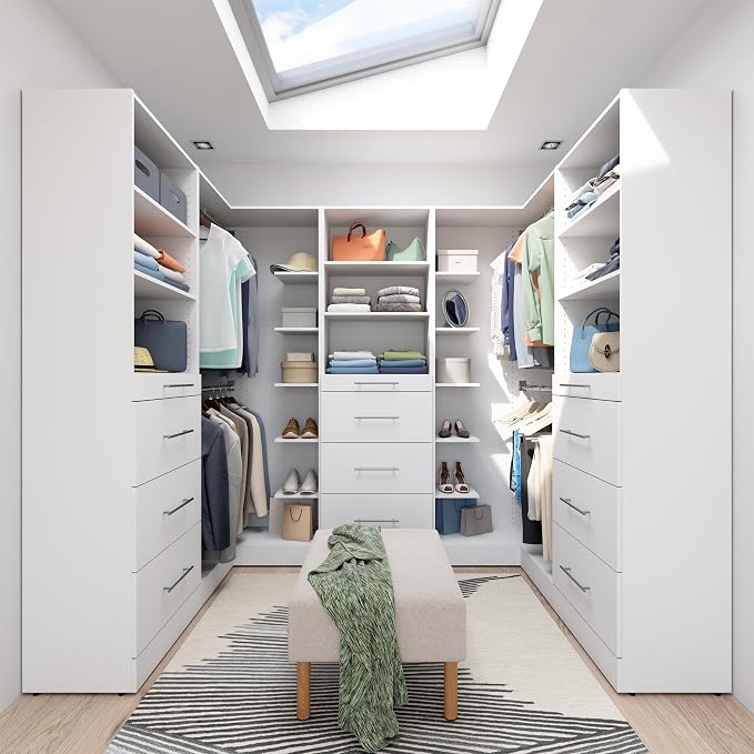 Bestar 95W x 61D Modular U-Shaped Closet Organizer System, Walk-in Closet with Rods, Shelves, and Drawers, Slab Style, Florence Collection, White