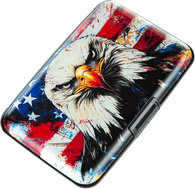 Credit Card Holder, Metal Card Wallet RFID Blocking Mini Slim Aluminum Business Hard Card Case for Women Men (Bald Eagle with American Flag)