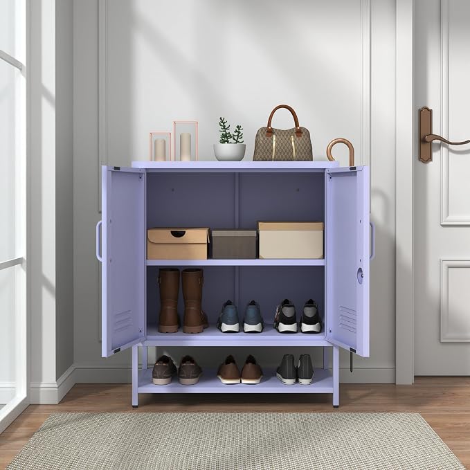 Lockable Metal Shoe Cabinet,Heavy Duty Storage Cabinet with 1 Adjustable Shelves,Purple Metal Storage Cabinet for Home,Entrance,Living Room,Bathroom 33" H X 29.5" W X 13.8" D