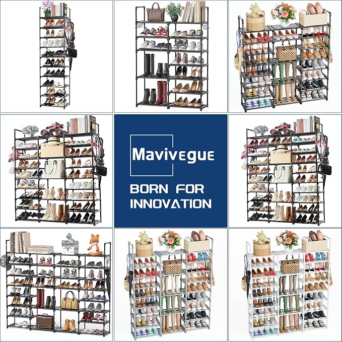 Mavivegue 10 Tiers Shoe Rack Tall Shoe Organizer Shoe Storage 55-65 Pairs Vertical Shoe Shelf Large Shoe Rack Organizer Stackable Shoe Racks for Entryway, Closet, Garage, Bedroom,Cloakroom -Black