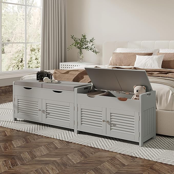 ChooChoo Shoe Storage Bench with Lift Top Storage & Cushioned Seats | 29.5" Entryway Bench with 3 Compartments & Adjustable Shelf, for Entryway, Grey