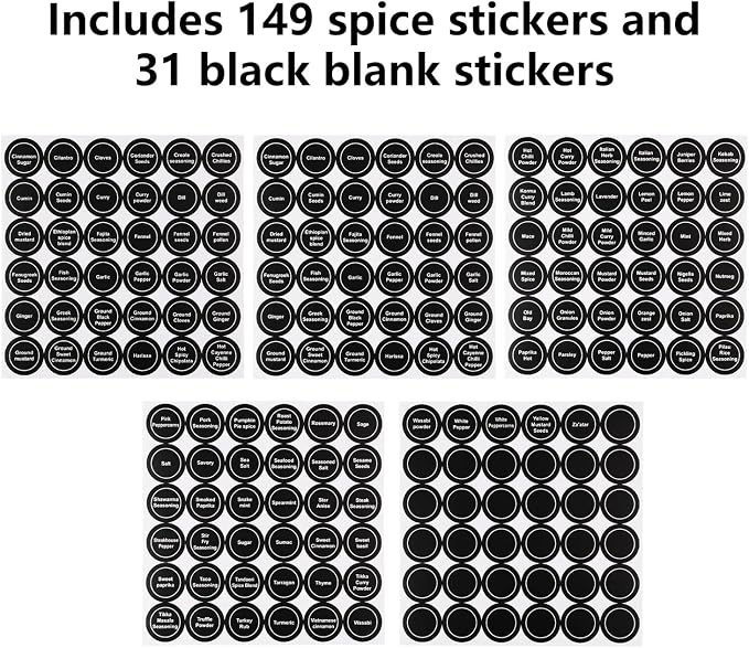 Black Spice Jar Labels Removable Spice Labels Stickers for Kitchen Pantry Food Containers