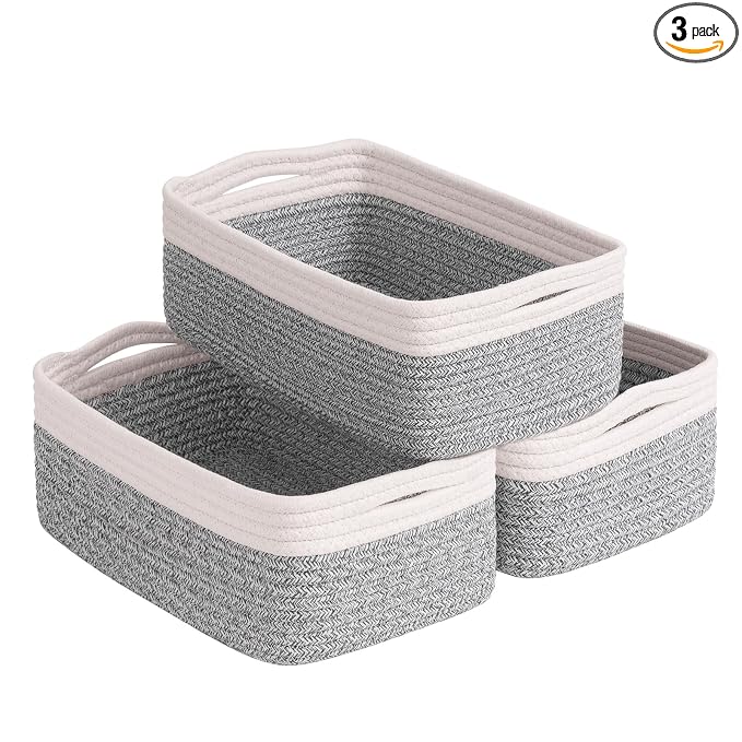 Goodpick Storage Bins, Baskets for Shelves, Cotton Rope Basket for Organization, Closet Organizer Bins, Towel Baskets for Bathroom 3 Pack, White & Light Gray, 11 x 7 x 4.5 in