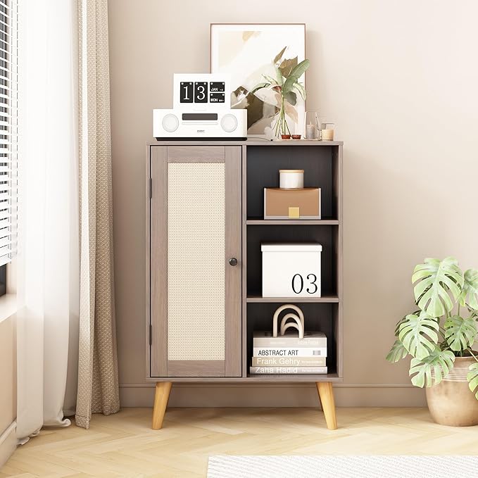Multifunctional Wooden Storage Cabinet with Rattan Doors, Home Large Capacity Magazine and Book Storage Shenanigans (Oak)