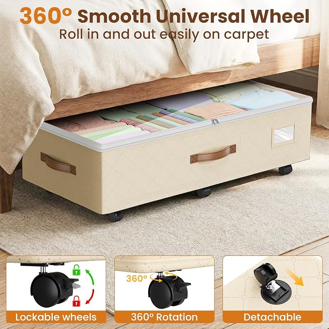 Budding Joy 80L 2 Pack Adjustable Under Bed Storage with Wheels, Beige | Underbed containers with clear lids, rolling underbed shoe storage organizer for dorm clothes, blankets, easy to install