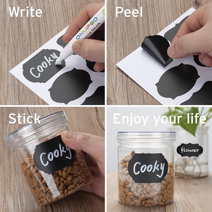 ONUPGO Chalkboard Labels Stickers Bulk - 196 Reusable Chalk Sticker Labels with Erasable Chalk Maker, Removable Waterproof Blackboard Labels for Containers, Glass, Mason Jar Labels | Removable, Waterproof, Reusable Chalk Labels, For Storage Bins & Food...