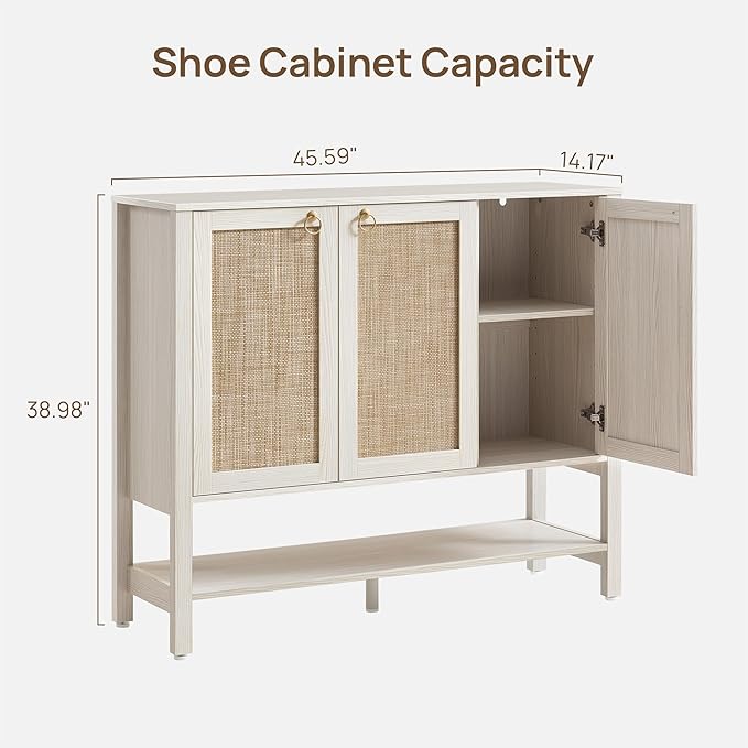 SICOTAS Rattan Shoe Cabinet with Storage, White Large Shoe Organizer | 30 Pairs Boho Shoe Rack Cabinet with 3 Doors & Adjustable Shelves for Entryway, Hallway, Living Room, Closet