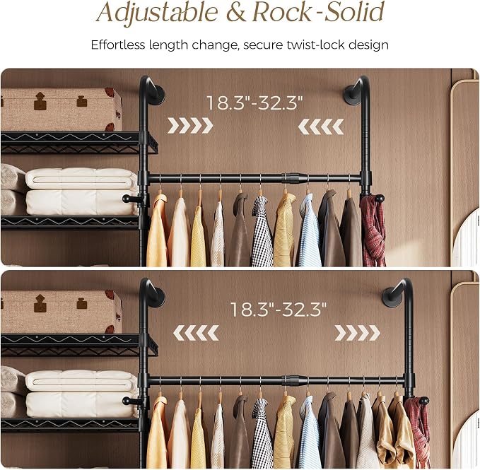 Wall Mounted Closet System, Heavy Duty 2-Row Clothes Rack, Expandable Industrial Pipe Closet Organizers and Storage with 2 Telescopic Rods, 3 Hooks & 6 Shelves for Wardrobe, Bedroom