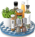 Premium Rubber Wood Lazy Susan Turntable, Blue White Checkerboard Decorative Serving Tray, Hand-Welded Metal Railing, Stable Rotating Organizer for Dining Table, Kitchen Counter, Coffee Table Decor