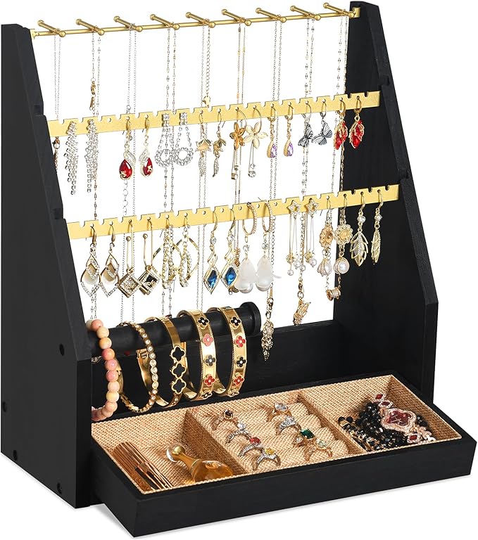 DGWJSU Jewelry Organizer Stand, 5 Layer Earring Holder Organizer with Necklace Holder, Rustic Wood Earring Organizer Display for Stud Earring Bracelet Necklace Ring, Watches (Black Gold)