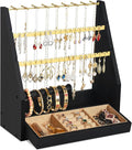 DGWJSU Jewelry Organizer Stand, 5 Layer Earring Holder Organizer with Necklace Holder, Rustic Wood Earring Organizer Display for Stud Earring Bracelet Necklace Ring, Watches (Black Gold)