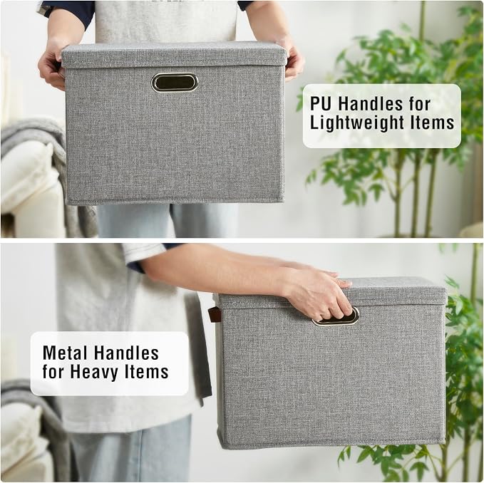 15" Large Collapsible Storage Bins with Lids, Stackable Closet Organizers with PU Handle and Labels, 3-Pack Decorative Fabric Storage Boxes for Home, Bedroom, Closet, Office, Nursery(Gray)