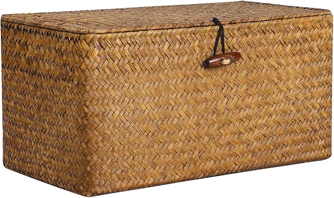 Natural Seagrass Storage Baskets with Lid,Multipurpose Home Organizer Bins Boxes for Shelf Organizer,Decorative Storage Bins- 12'' x 7'' x 6''