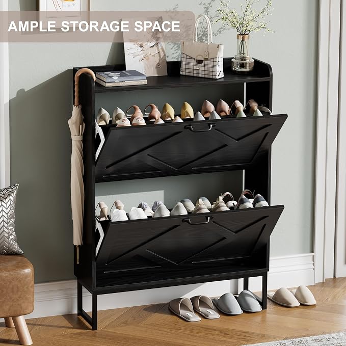Nicetree Shoe Storage Cabinet with 2 Flip Drawers, Freestanding Shoe Organizer, Shoe Cabinet with Metal Legs, Narrow Shoe Rack Cabinet, Farmhouse Slim Shoe Cabinet for Entryway, Foyer, Hallway, Black