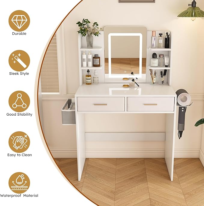 Small Makeup Vanity Desk with Mirror and Lights, Vanity Table with 2 Storage Drawer & Open Shelves, 3 Lighting Colors, Hair Dryer Stand, Adjustable Brightness White Makeup Vanity