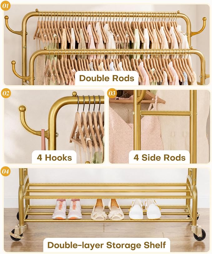 Homde Sturdy Garment Rack for Bedroom: 265 lbs Heavy Duty Clothes Organizer | 2 Hanging Rods Hold Coat to T-Shirt - Easy Roll & Park on Wheels - Metal Frame Stays Solid & Stable at Full Load