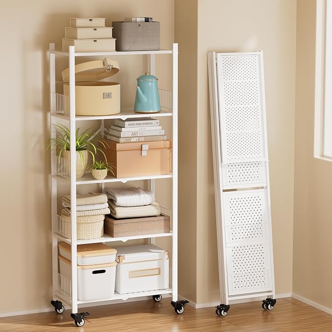 Folding Shelves No Assembly, 5 Tier Foldable Storage Shelves with Wheels, 220LBS Per Shelf Metal Collapsible Rack for Pantry Storage & Home Organization, White