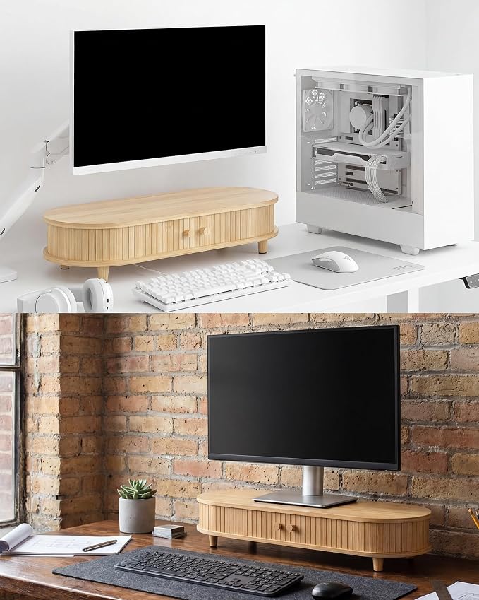 Bamboo Monitor Stand with Storage, Curved Computer Laptop Stand Desk Shelf Organizer with Sliding Doors (25 inch)